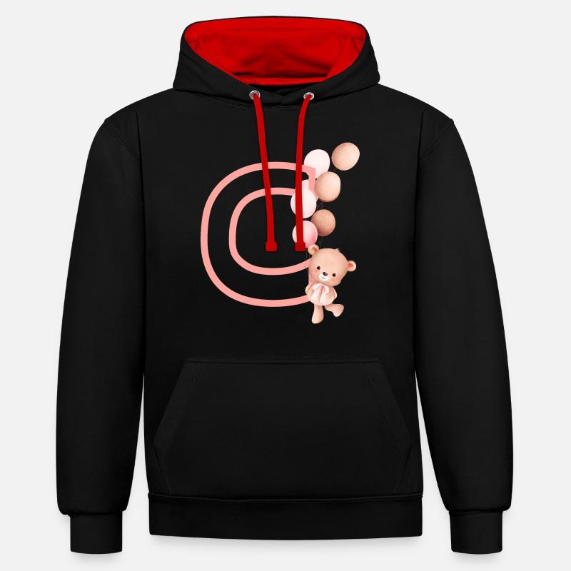 Lettre c rose ours - Sweat à capuche contrasté - noir/rouge