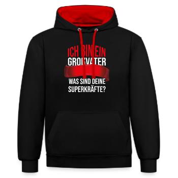 Ich bin ein Opa. Was sind deine Superkräfte? - Kontrast-Hoodie - Schwarz/Rot - Vorne - Anna (173cm) & Nico (186cm)