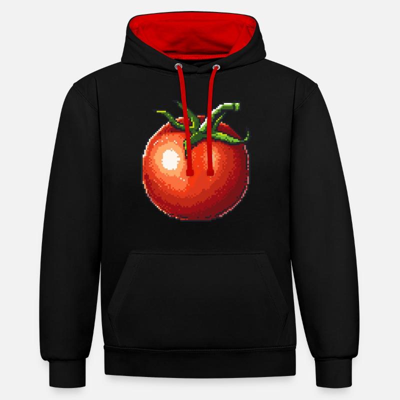Icône pixel de tomate - Sweat à capuche contrasté - noir/rouge