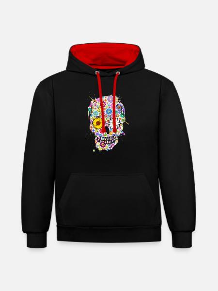 Totenkopf Skull Schädel Blumen Bunt - Kontrast-Hoodie - Schwarz/Rot