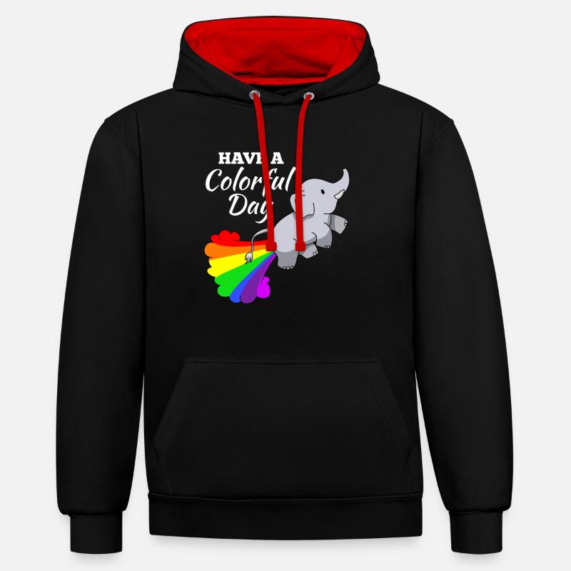 Éléphant blague illustration comique arc-en-ciel - Sweat à capuche contrasté - noir/rouge