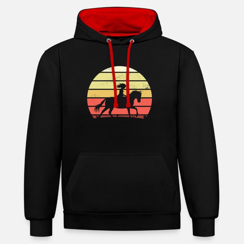 Retro Mädchen Pferd - Kontrast-Hoodie - Schwarz/Rot