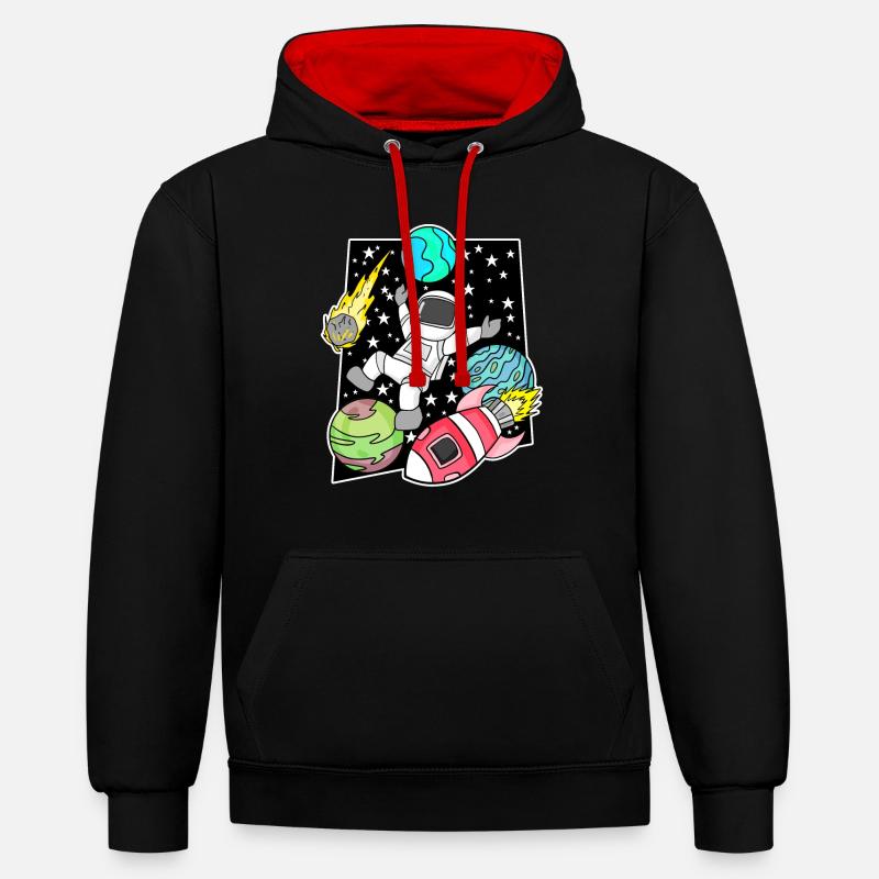 Astronaute dans l’espace avec fusée - Sweat à capuche contrasté - noir/rouge