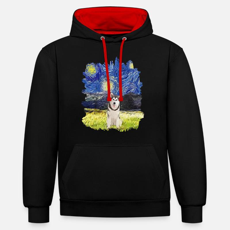 Nuit étoilée - Malamute d’Alaska - Sweat à capuche contrasté - noir/rouge