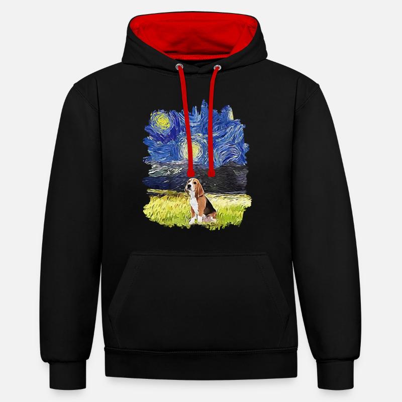 Nuit étoilée - Beagle - Sweat à capuche contrasté - noir/rouge