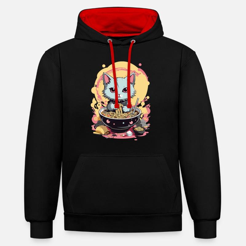 Chat Ramen Japon Esthétique pastel - Sweat à capuche contrasté - noir/rouge