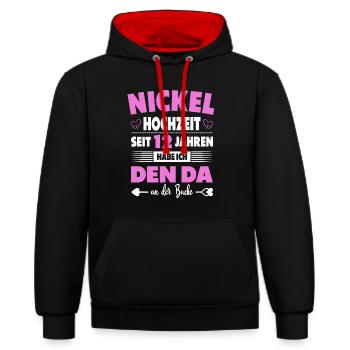 12 Hochzeitstag Paare 12 Jahre Ehe Nickelhochzeit - Kontrast-Hoodie - Schwarz/Rot - Vorne - Anna (173cm) & Nico (186cm)