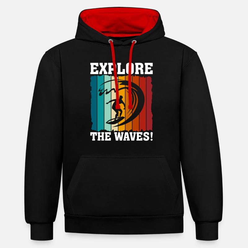 Explorez les vagues ! - Sweat à capuche contrasté - noir/rouge