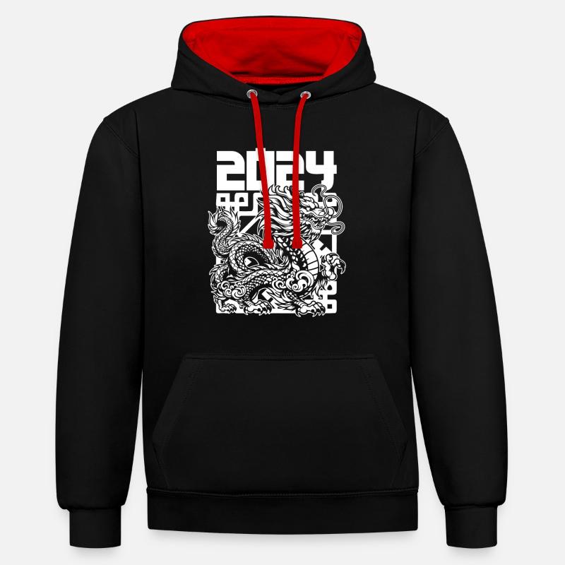 Année du Dragon 2024 - Sweat à capuche contrasté - noir/rouge
