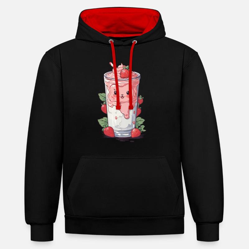 Fraises Mignon Milkshake Kawaii Fun - Sweat à capuche contrasté - noir/rouge