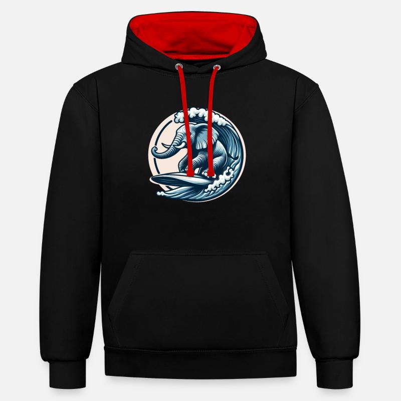 Éléphant surfeur - Sweat à capuche contrasté - noir/rouge