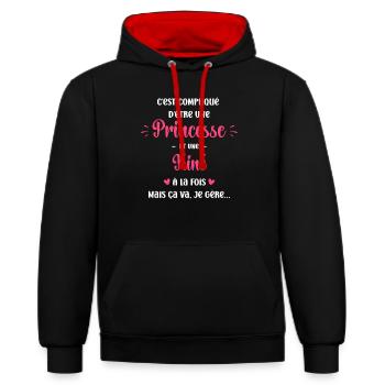 Compliqué princesse et d'être kiné - Sweat à capuche contrasté - noir/rouge - Devant - Anna (173cm) & Nico (186cm)