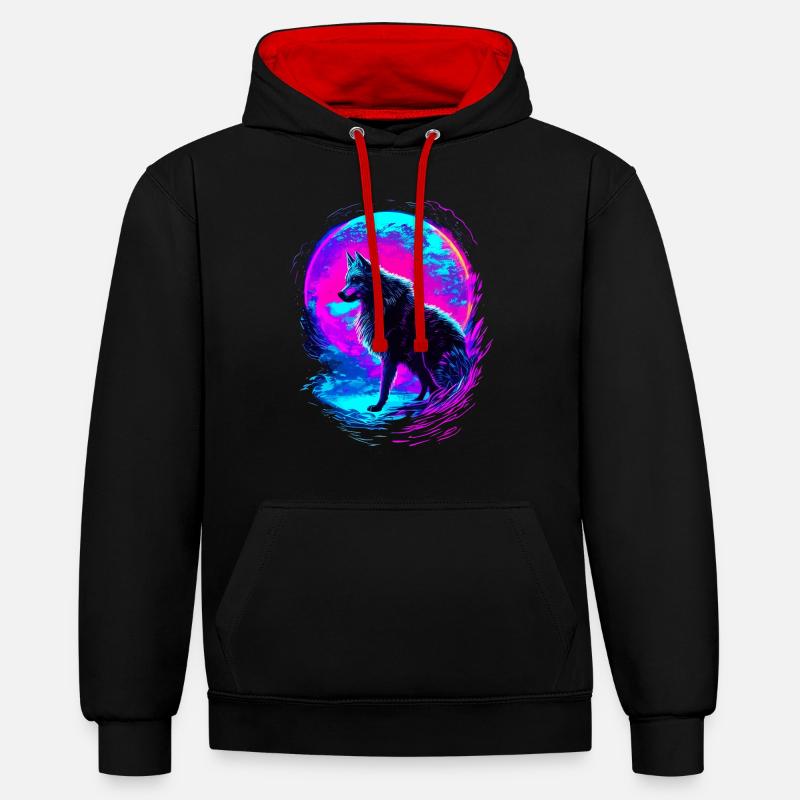 Wolf Neon Moon Synthwave - Kontrast-Hoodie - Schwarz/Rot