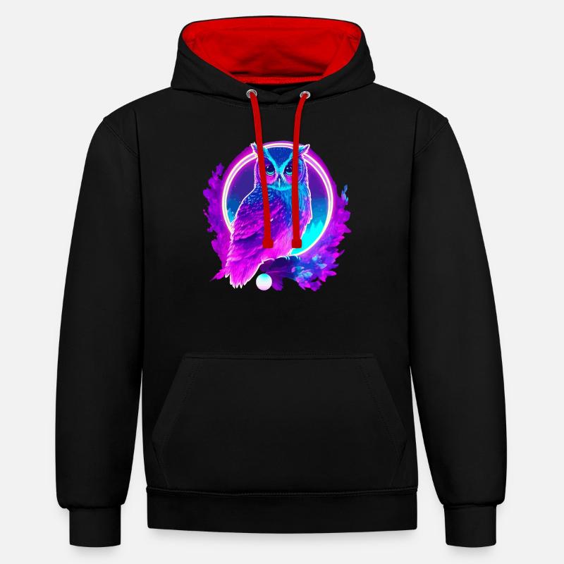 Eule Neon Moon Synthwave - Kontrast-Hoodie - Schwarz/Rot