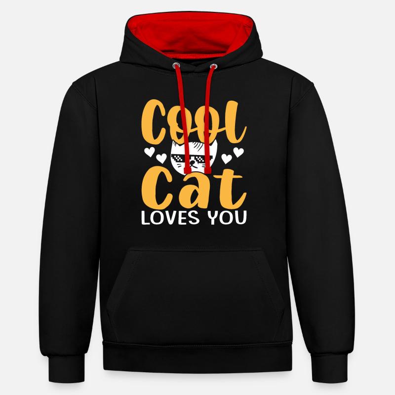 Le chat cool t’aime - Sweat à capuche contrasté - noir/rouge