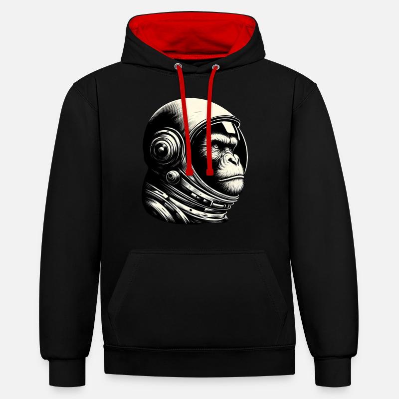 Chimpanzé, Astronaute, Réfléchi, Cosmos - Sweat à capuche contrasté - noir/rouge