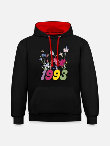 Year of birth 1993 wildflowers - Contrast hoodie - black/red