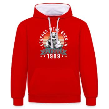 Legends Were Born In October 1989 Sloth Sloth - Contrast hoodie - red/white - Front - Liana (172cm) & Jaron (178cm)
