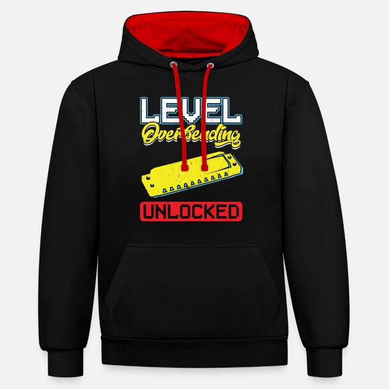 Level Overbending Unlocked - Harmonica Player - Kontrast-Hoodie - Schwarz/Rot