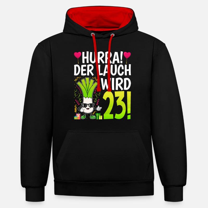 Hurra der Lauch wird 23 - Kontrast-Hoodie - Schwarz/Rot