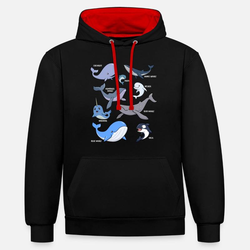 Diverses baleines kawaii - Sweat à capuche contrasté - noir/rouge