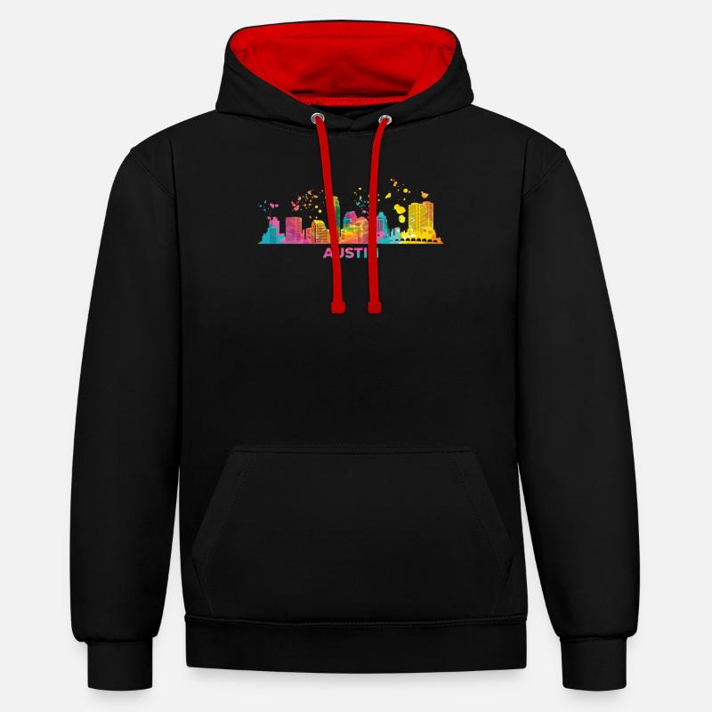 Austinites Aquarelle Skyline Austin - Sweat à capuche contrasté - noir/rouge