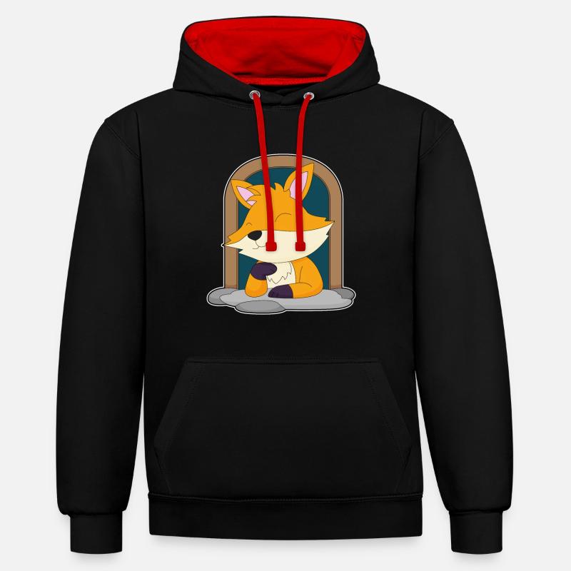 Renard dans une fenêtre - Sweat à capuche contrasté - noir/rouge