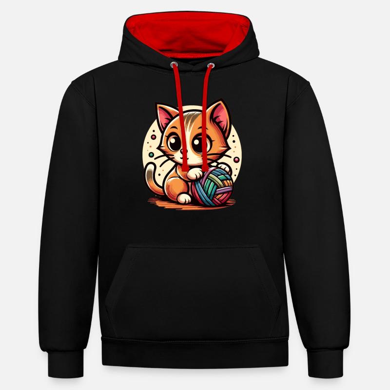 Chat avec pelote de laine - Sweat à capuche contrasté - noir/rouge