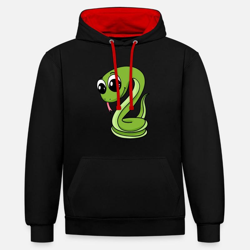 Serpent vert mignon - Sweat à capuche contrasté - noir/rouge