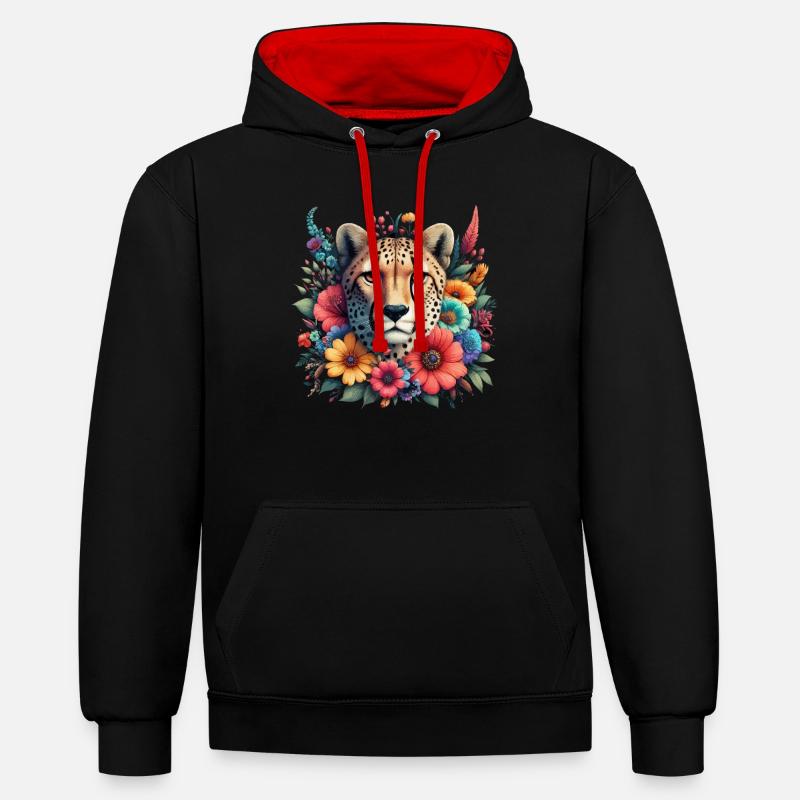 Guépard Fleurs de guépard - Sweat à capuche contrasté - noir/rouge