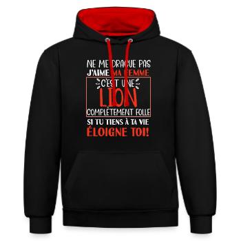 Ne me drague pas lion folle cadeau homme couple - Sweat à capuche contrasté - noir/rouge - Devant - Anna (173cm) & Nico (186cm)