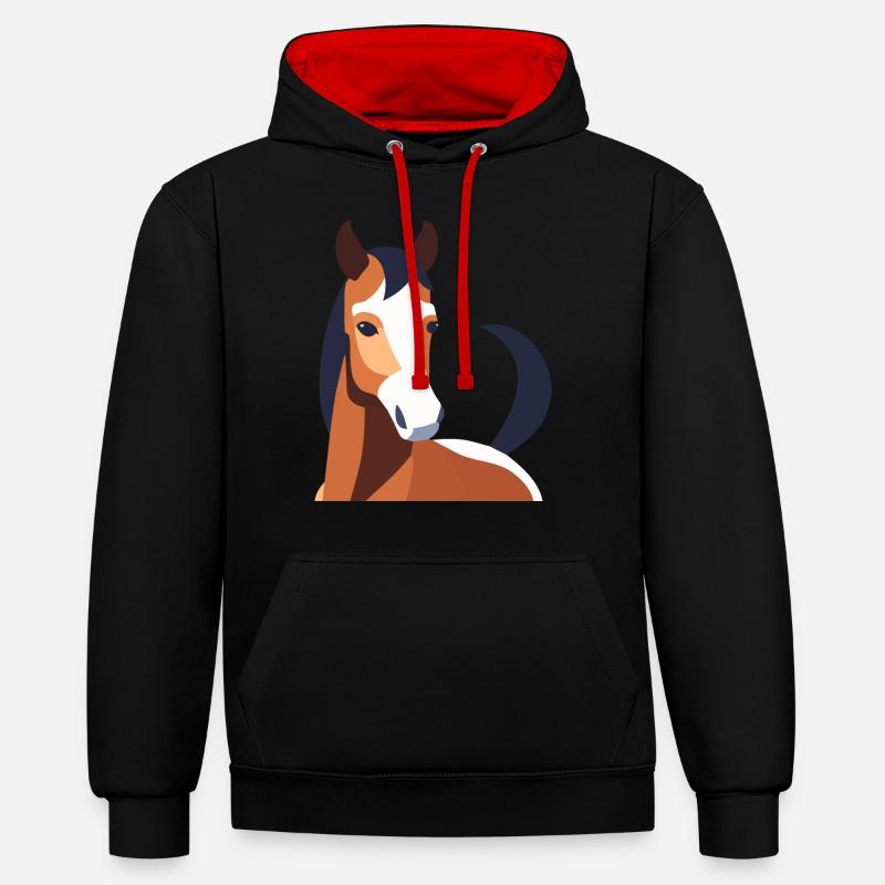 Cheval à fourrure brune - Sweat à capuche contrasté - noir/rouge
