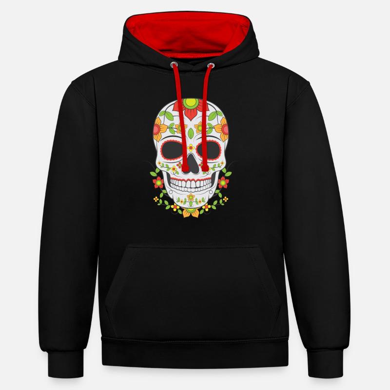 Masque de crâne en sucre - Sweat à capuche contrasté - noir/rouge