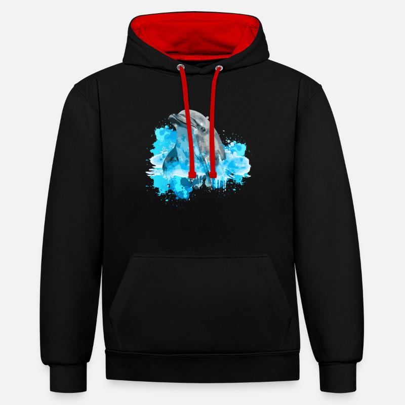 Aquarelle de dauphin - Sweat à capuche contrasté - noir/rouge