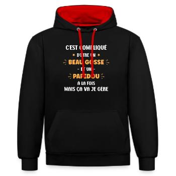Compliqué beau gosse et Papidou - Sweat à capuche contrasté - noir/rouge - Devant - Anna (173cm) & Nico (186cm)