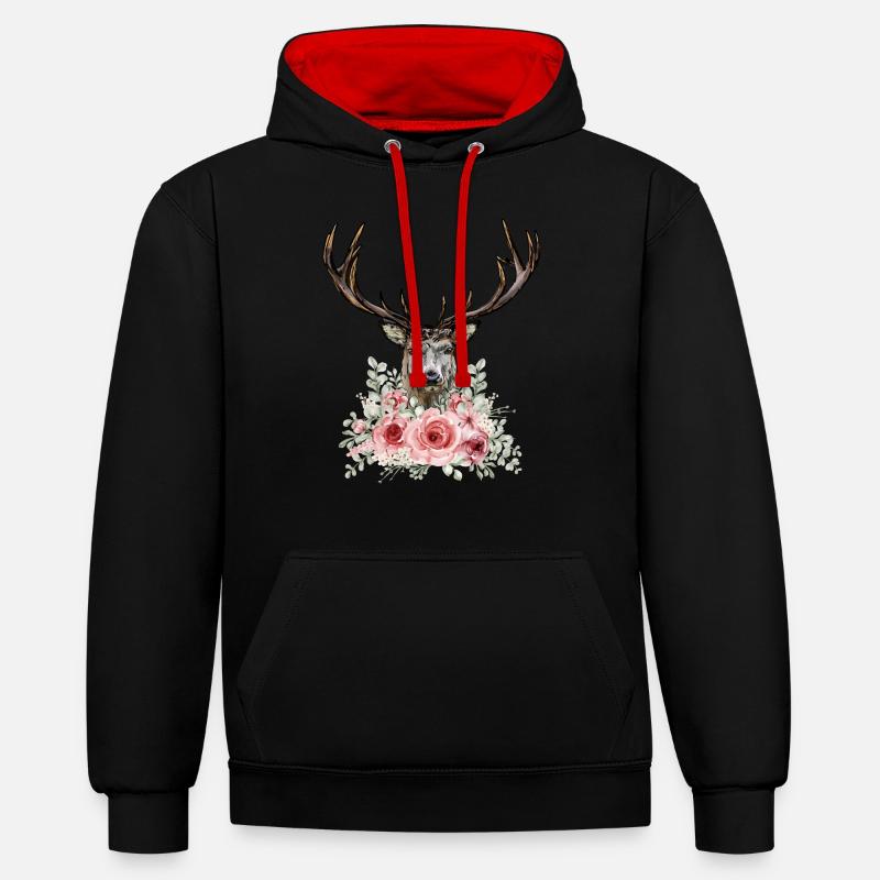 Dirndl Remplacement Cerfs et Roses - Sweat à capuche contrasté - noir/rouge