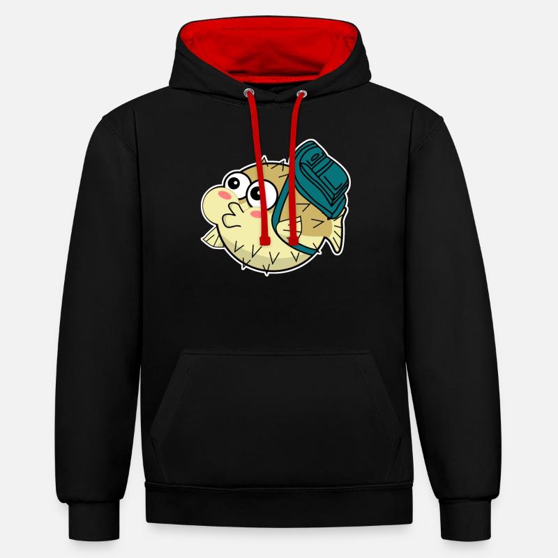 Puffer Fish with Backpack - Kontrast-Hoodie - Schwarz/Rot