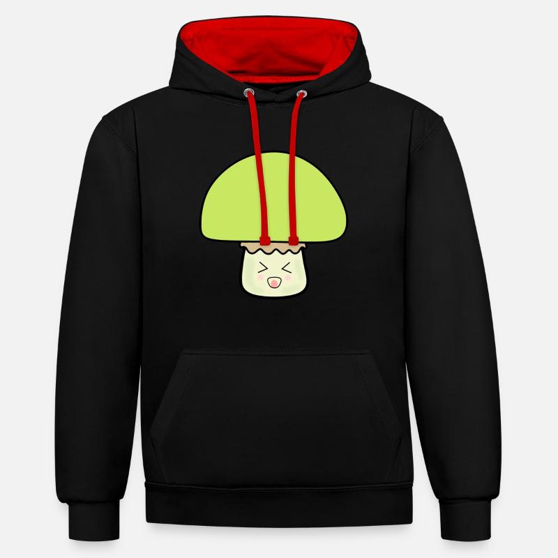 Champignon vert mignon avec visage - Sweat à capuche contrasté - noir/rouge