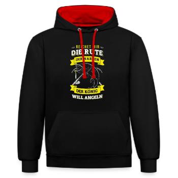 Rute Angeln König Spruch - Kontrast-Hoodie - Schwarz/Rot - Vorne - Anna (173cm) & Nico (186cm)