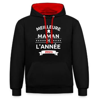 Meilleure maman de l'année 2021 - Sweat à capuche contrasté - noir/rouge - Devant - Anna (173cm) & Nico (186cm)