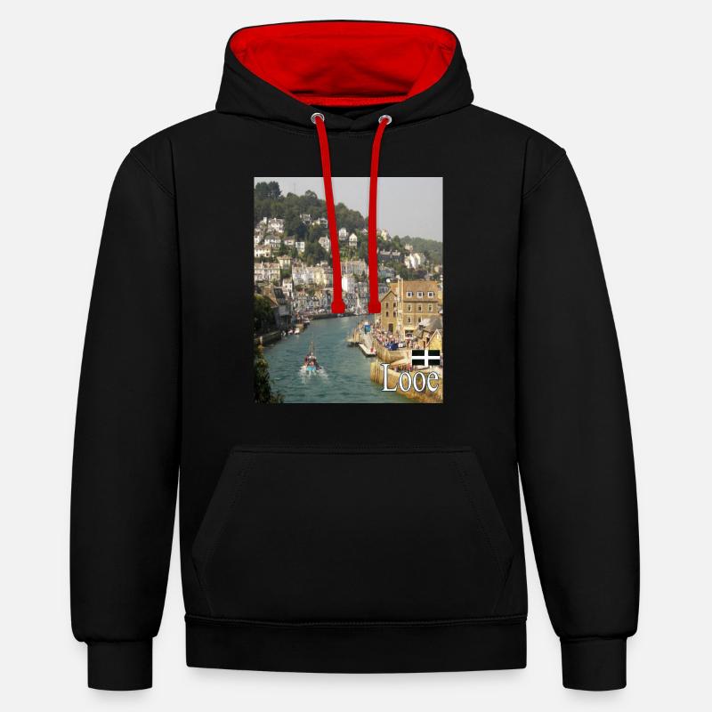 Looe, Cornouailles - Sweat à capuche contrasté - noir/rouge