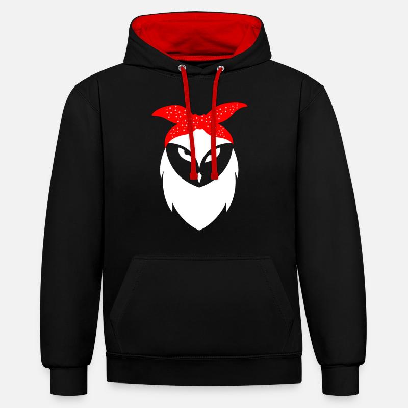 Eule - Kontrast-Hoodie - Schwarz/Rot