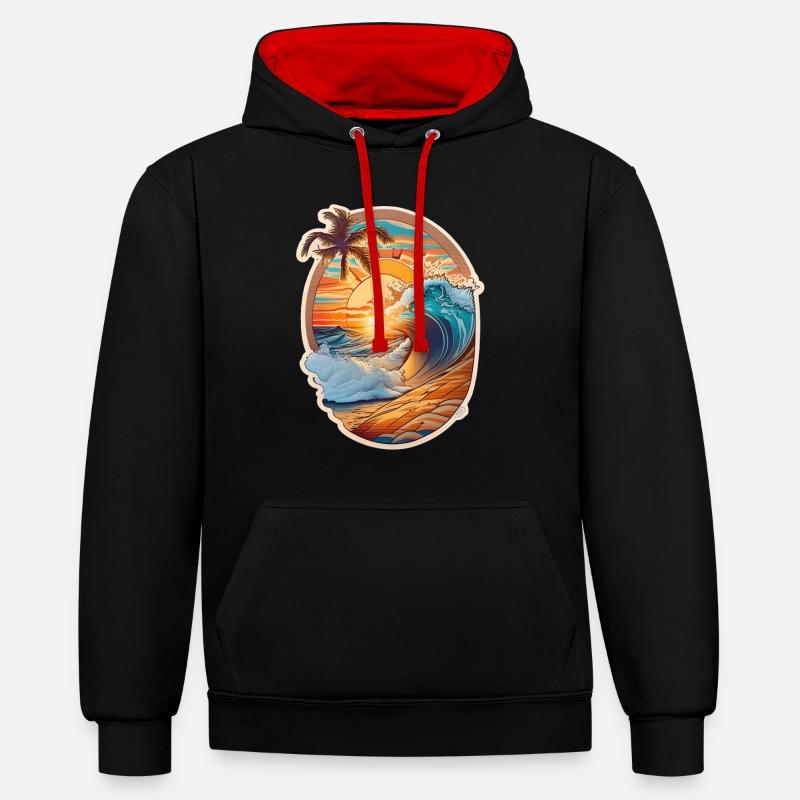 plage et vague - Sweat à capuche contrasté - noir/rouge