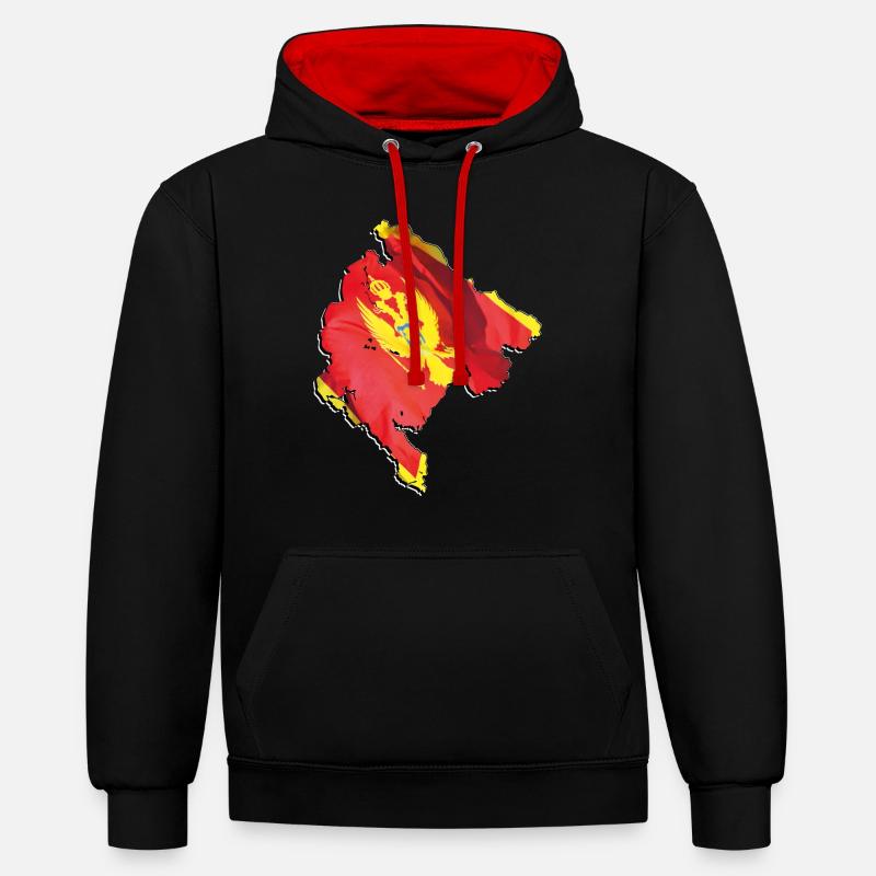 Carte du drapeau du Monténégro - Sweat à capuche contrasté - noir/rouge