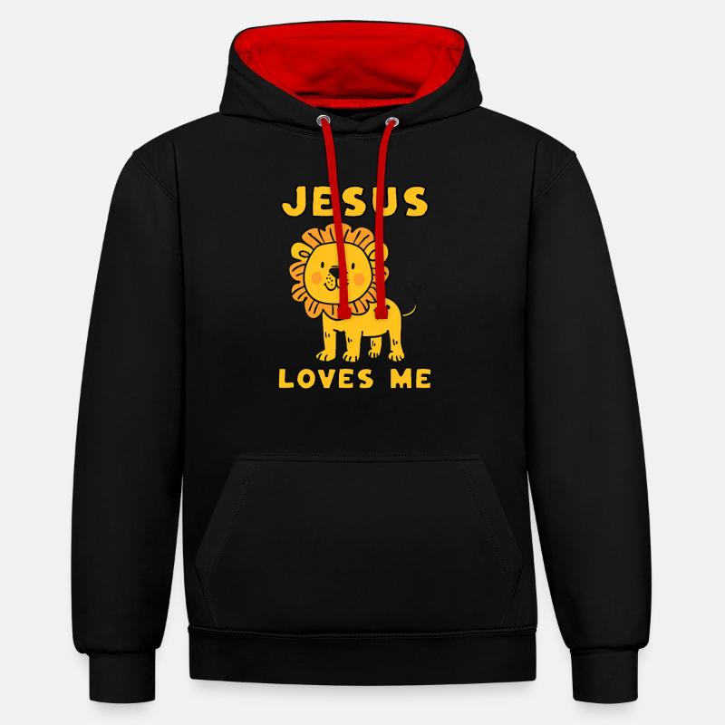 Jésus m’aime mignon lion chrétien - Sweat à capuche contrasté - noir/rouge