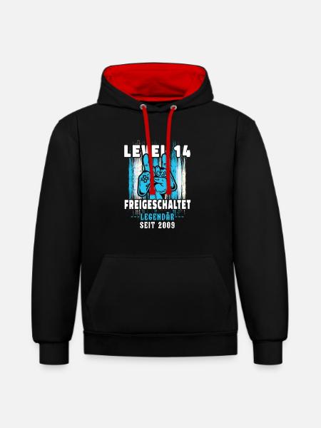14. Geburtstag Junge Level 14 Gaming Zocker Gamer - Kontrast-Hoodie - Schwarz/Rot