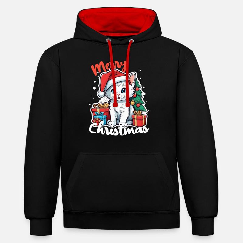 chat noel - joyeux noel - Sweat à capuche contrasté - noir/rouge
