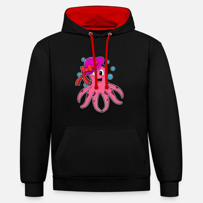 Pieuvre avec chapeau - Sweat à capuche contrasté - noir/rouge