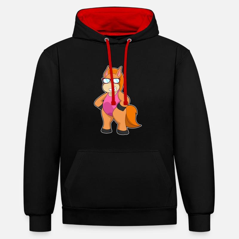 Cheval avec lunettes de soleil - Sweat à capuche contrasté - noir/rouge
