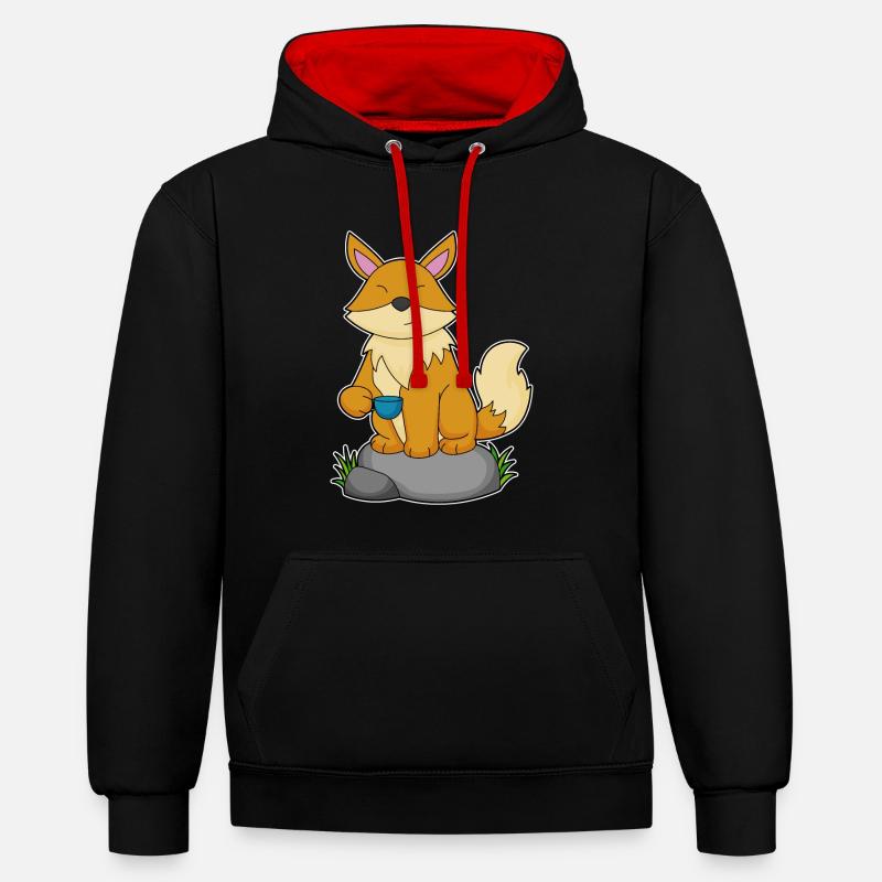 Fuchs mit Kaffeetasse - Kontrast-Hoodie - Schwarz/Rot